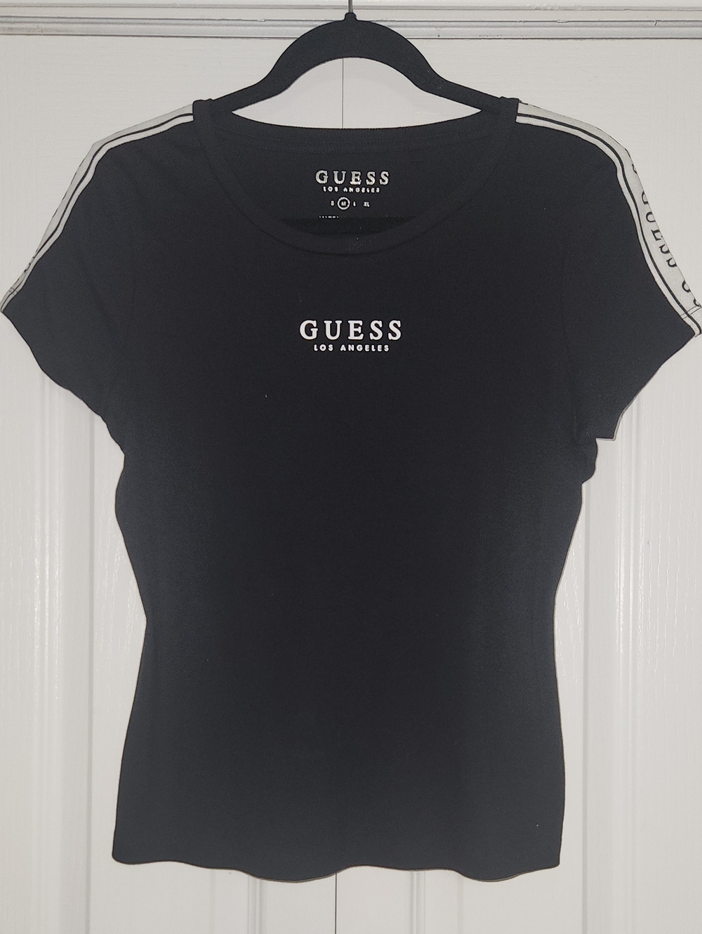 Guess Black Logo Short Sleeve Tee with White Shoulder Stripes
